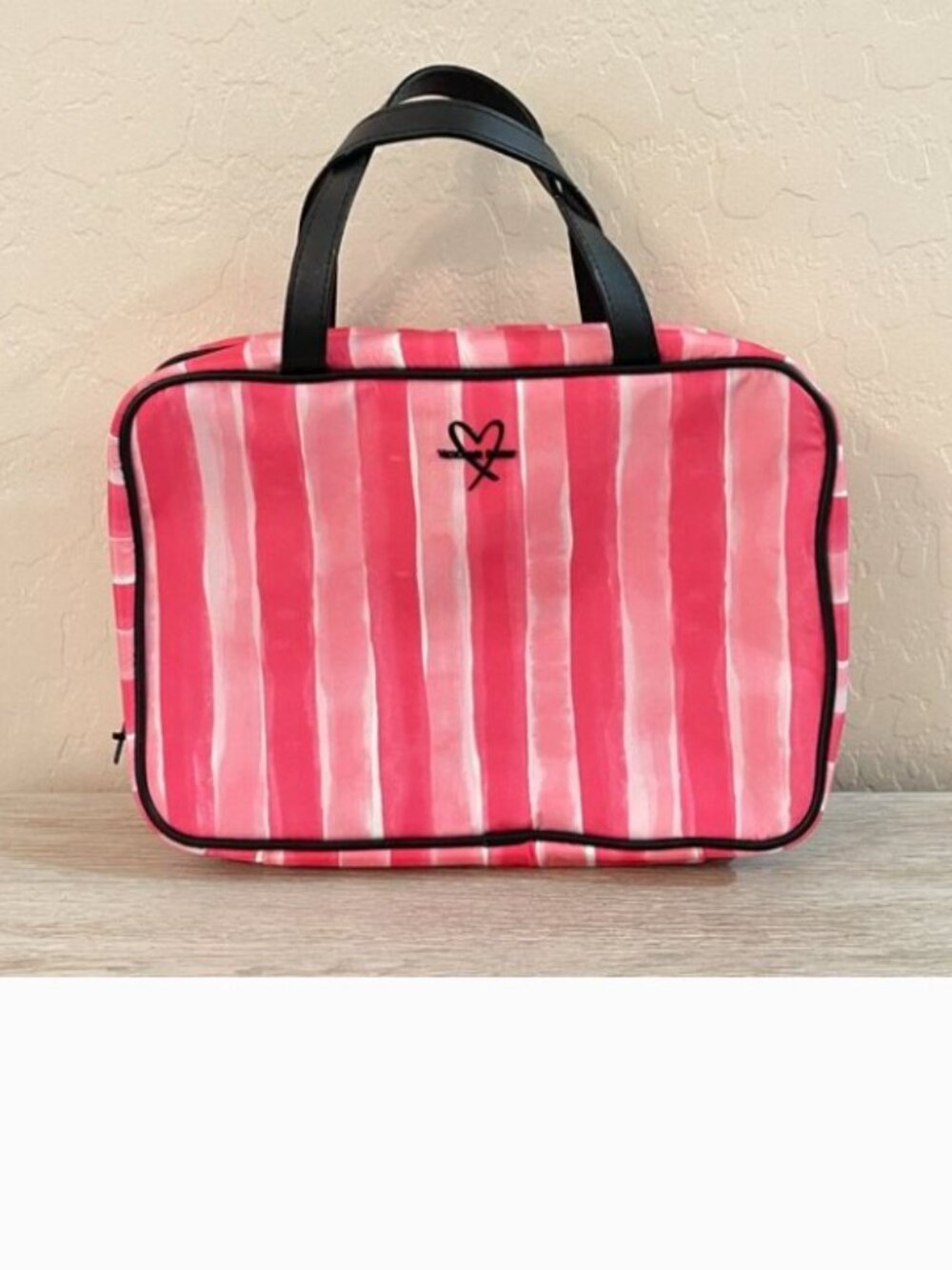Victoria's Secret Makeup Cosmetic Accessory Bag Pink Stripe 3 Section Bag Hanger